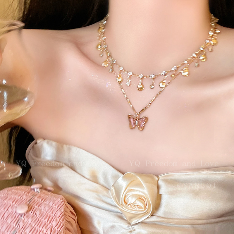 2pcs/set Summer Butterfly Double Layered Stacked Necklace Light Exquisite Clavicle Neck Chain Free shipping