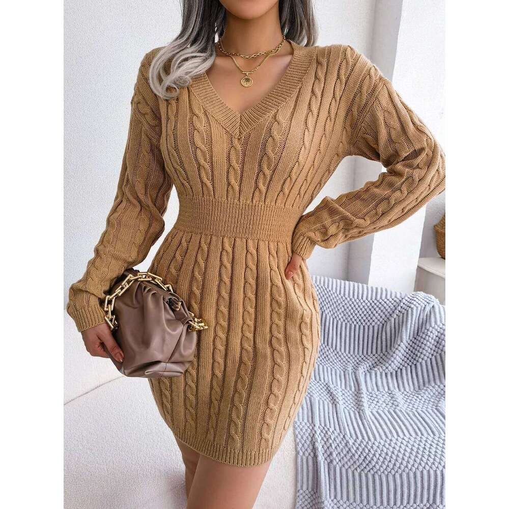 Knitted Sweater Dress For Women Autumn Winter Long Sleeve Slim Waist Knitwear Clothes White Blue Khaki