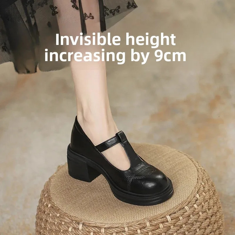 Black Mary Janes Womens Shoes Thick Heel Retro British Style Internal Heightening Single High 251121