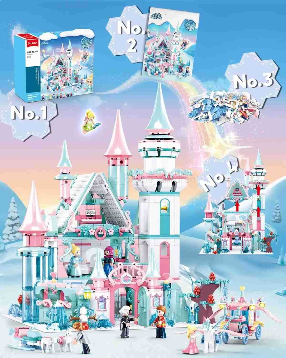 Disney 1314PCS Frozen Magic Castle Building Blocks Ice Queen Princess Carriage Model Bricks Set With Figures Girls Gift Childrens Toys W20250421
