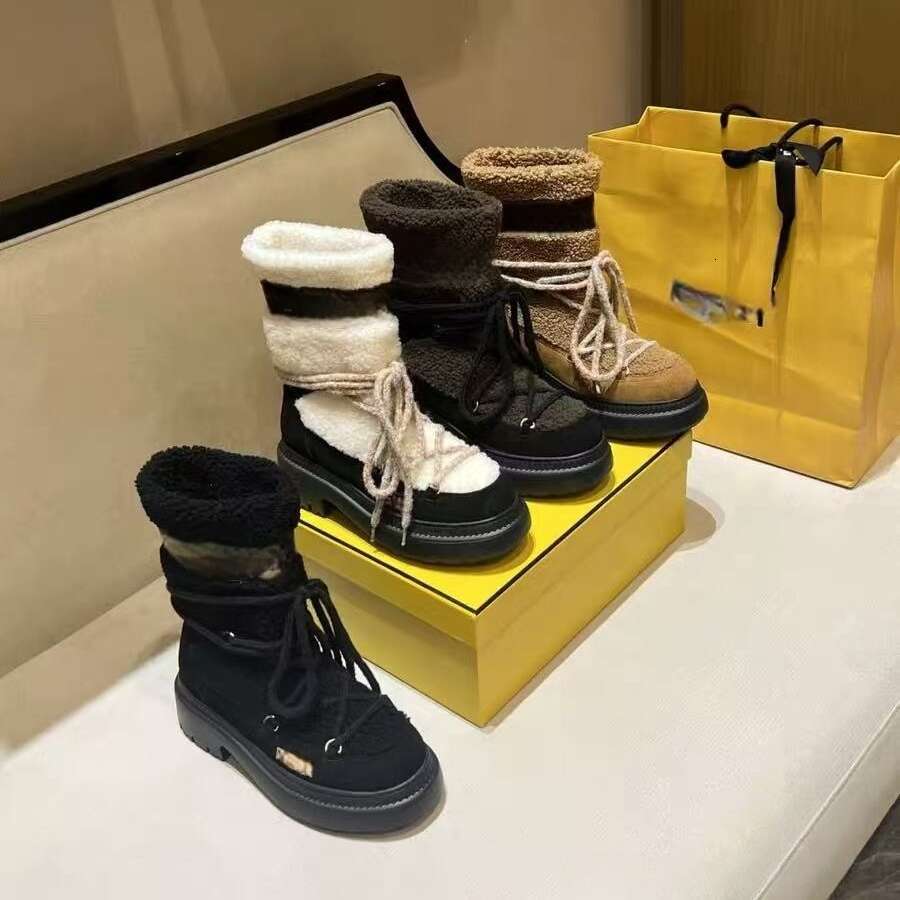 Designer Luxury women boots Suede Round Toe Ski Stylish Womens Miss Jacquard Sheepskin Warm Comfortable color-Blocking Lace Up Flat Snow fur winter Boots shoes