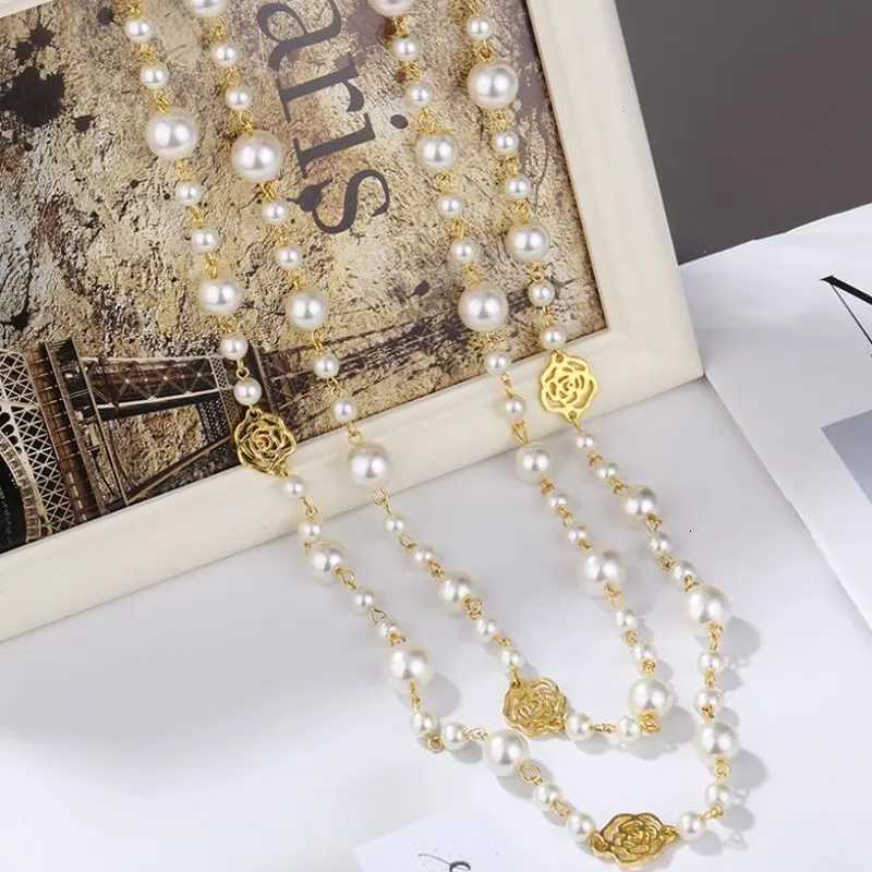 Famous Camellia Pearl Long Necklace For Women Double Layer collane lunghe donna Rose Flower Sweater chain NecklaceXJ251121