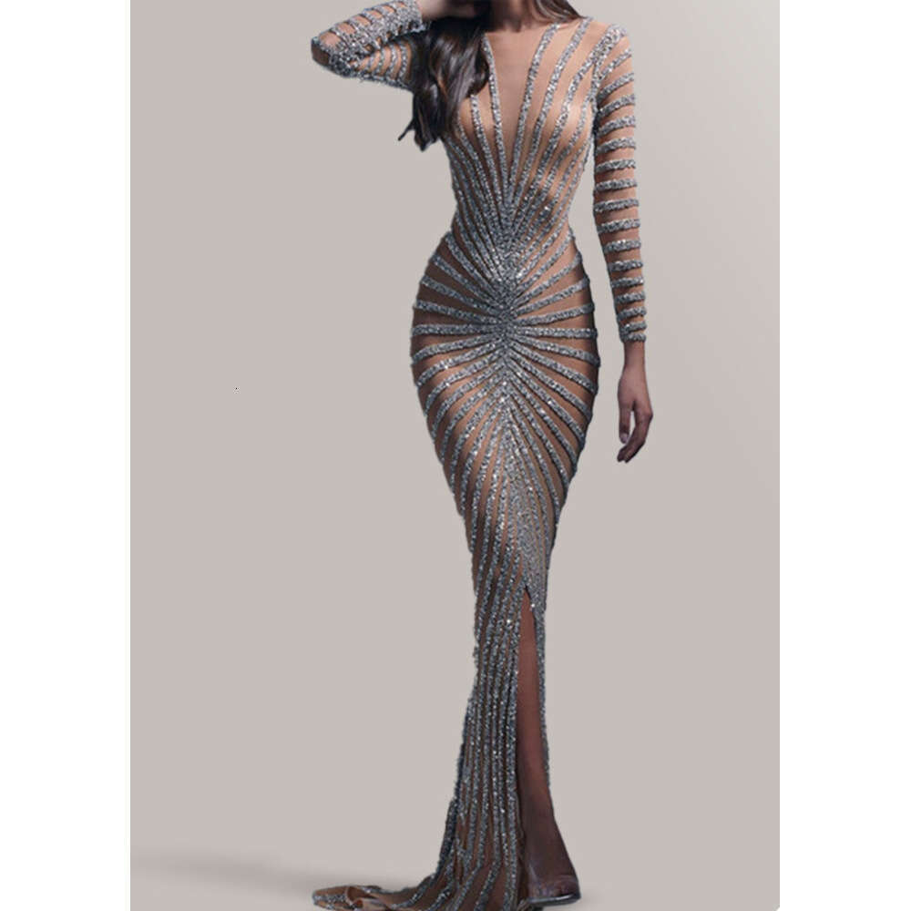 Spring New European And American Fashion Rhinestone Women's Mesh See-Through Sleeve Slit Long Dress