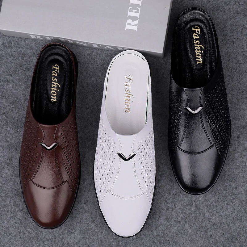 Italian Mens Slippers Genuine Leather Muller Shoes Men Loafers Outdoor Nonslip Black Casual Half Slipper Fashion Man 251121