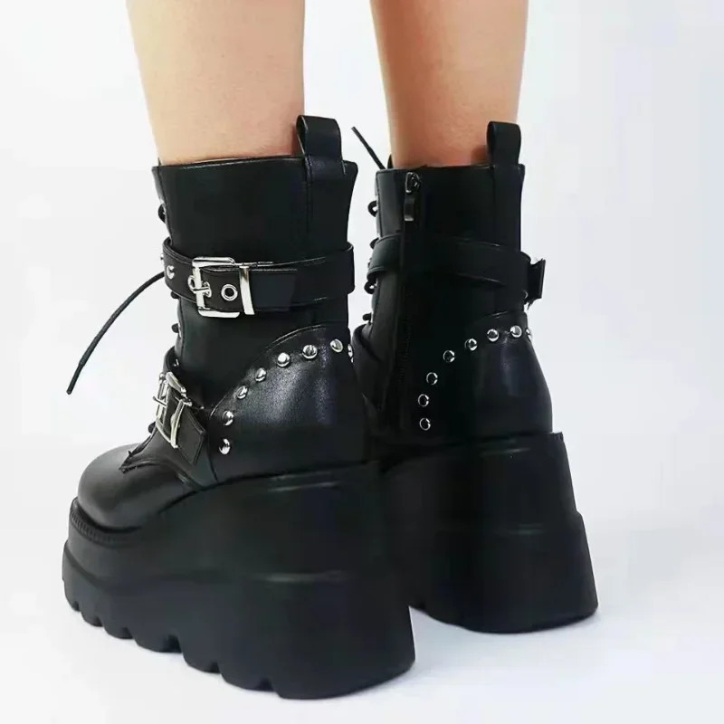 Women Pu Leather Ankle Booties Woman Autumn Winter Round Toe Lace Up Shoes Motorcycle Platform Gothic Boots Cosplay 251121
