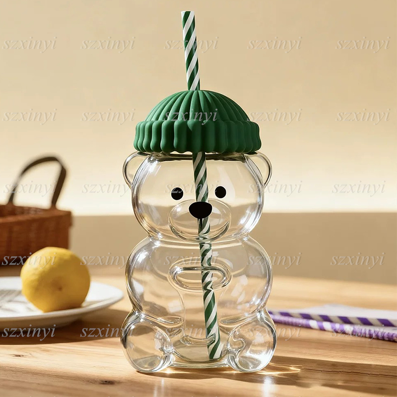 20oz Glass Cup With Straw Cute Transparent Tumbler With Hat for Iced Coffee Cold Drink Gift for Xmas