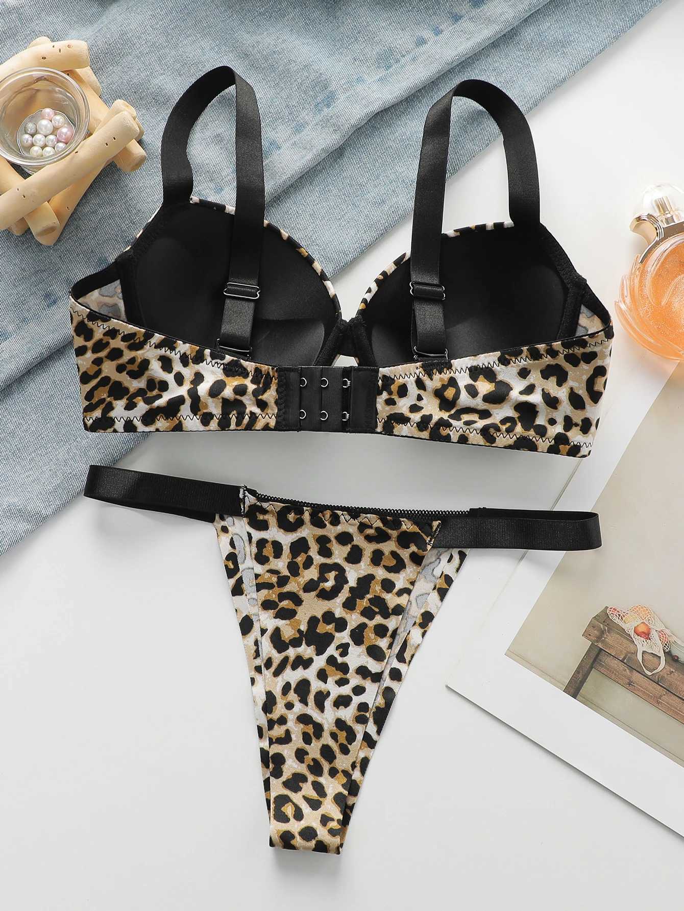 Sexy leopard print 2-piece set with gathered lifting and thickened steel port bra set for womens underwear B2051XJ251106