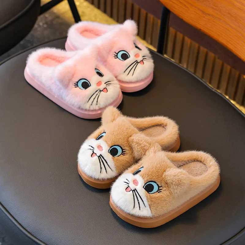 Winter Cartoon Cat Girls Boys Slippers Embroidery Plush Warm Non Slip Children Home Shoes Soft Bottom Kids Floor SlippersW251121