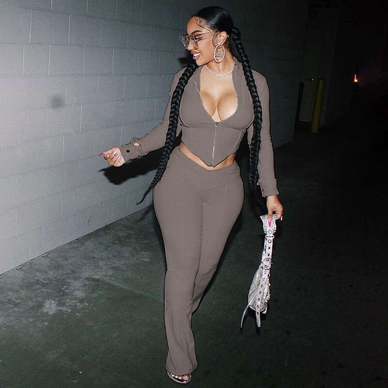 hoodie Women's Wear Winter New Women's Casual Sports Half High Collar Zipper Solid Color Slimming Top Bellbottom Pants Set jacket