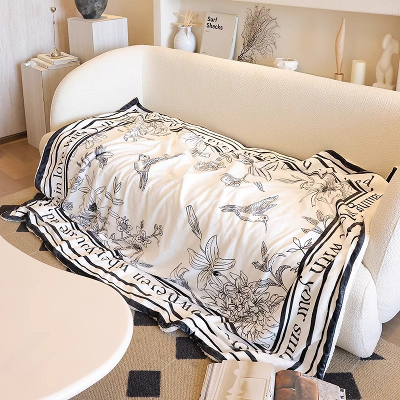 Chinese Style Sketch Light Luxury High-End Feel Throw Fleece Sofa Blanket Office Knee Nap Adult Thickened