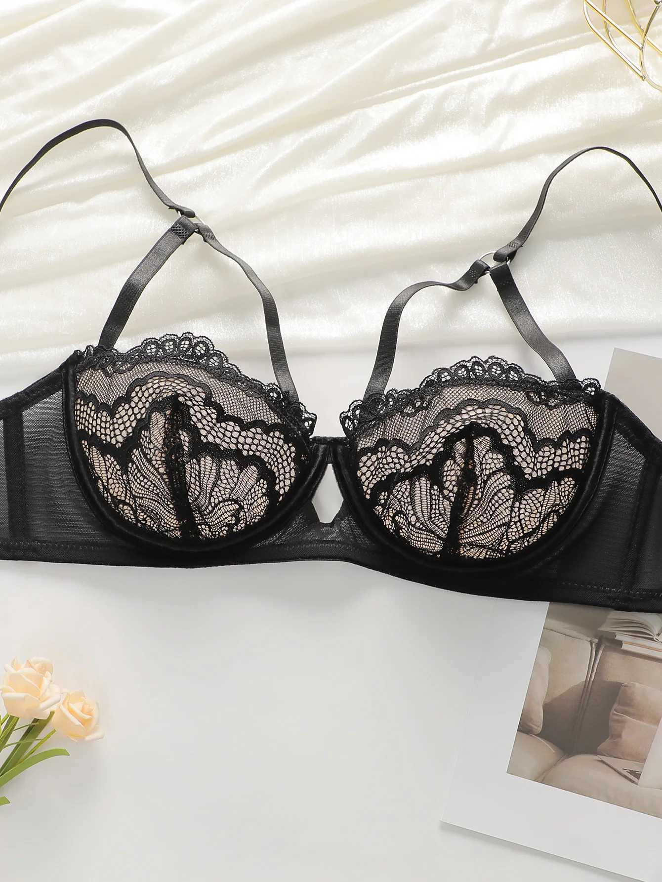 High Quality New Sexy Underwear For Womens Lace Transparent Hollow 3/4 Bra Gathering Steel Ring Push Up Underwear Set HR2634XJ251106