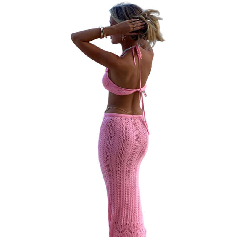 hoodie Women's Wear Spring/Summer New Women's Sexy And Spicy Girl Hanging Neck Collection With Exposed Umbilical Flower Knitted Long Skirt T