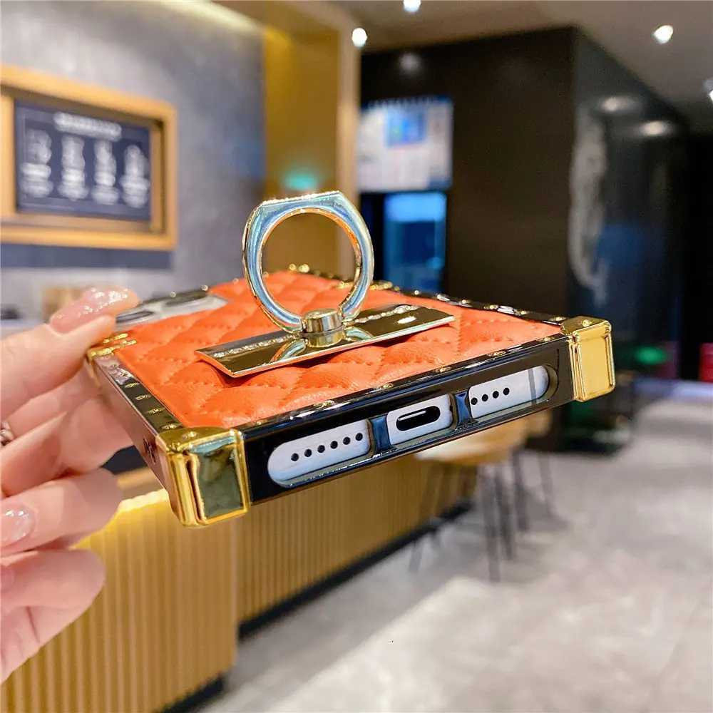 Fashion Rhombic Gold Plating Leather luxury Phone Case For iPhone 16 15 Pro Max 14 Plus 13 12 11 XR Ring Holder CoverW251121