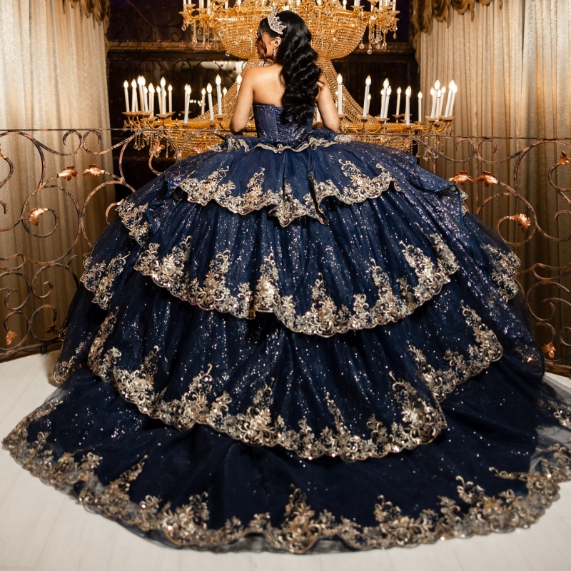 Navy Blue Shiny Quinceanera Dresses Off The Shoulder Gold Applique Lace Beading Crystal Tiered Tull Corset Party Birthday Sweet 16 Dres Vestidos 15 An