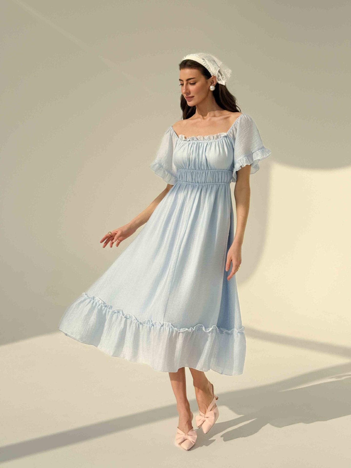 GY4260 High quality French sweet temperament skirt summer women's simple long dress square neck waist long skirt