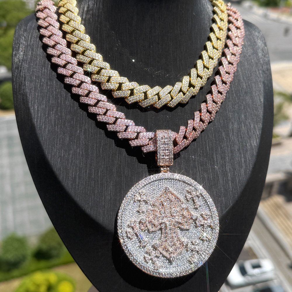 Iced Out Two Tone Color Cross Round Pendant Necklace Zircon CZ Infinity Cuban Chain Big Heavy Chunky Badge Men Hip Hop Jewelry 250920