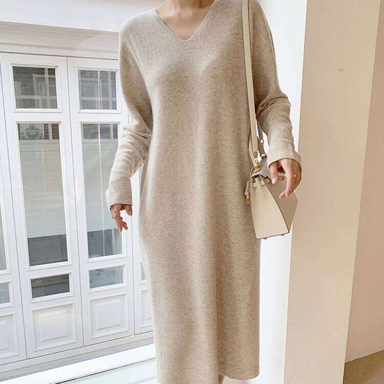 Long Sweater Autumn Winter New V Neck Knitted Loose Women Maxi Cashmere Dress Korean Style Elegant Dresses