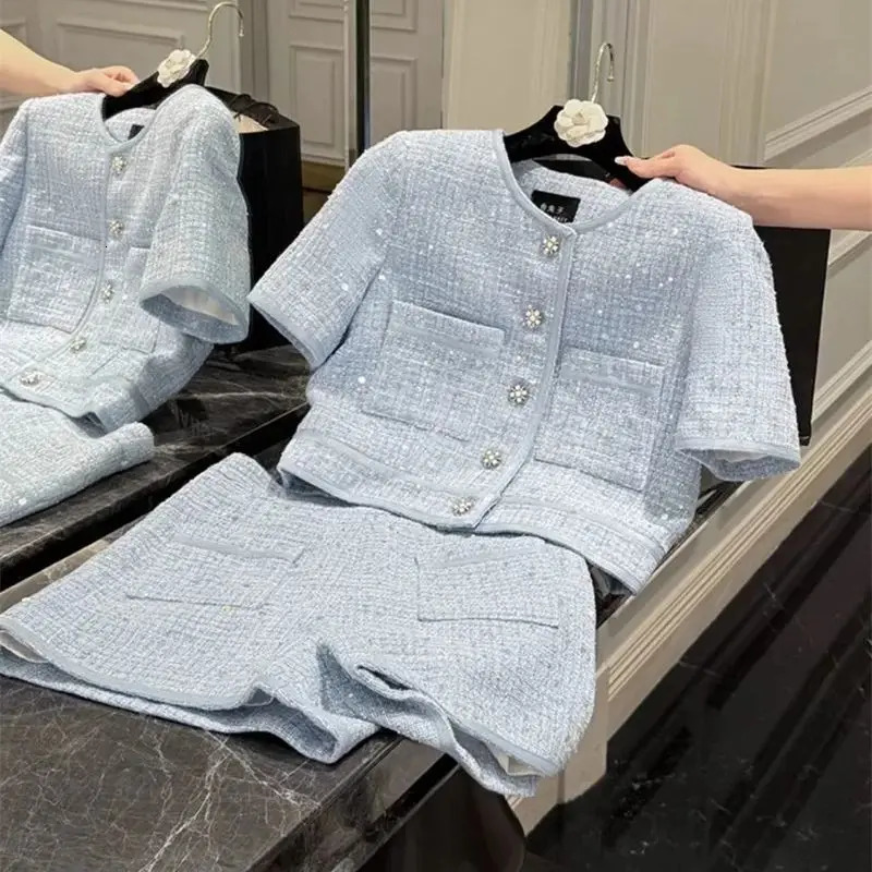 BAFU Summer Small Fragrance Tweed Outfit Elegant Two-Piece Set Women Single-Breast TopPocket Shorts Sequin Party Suit 103P 251114