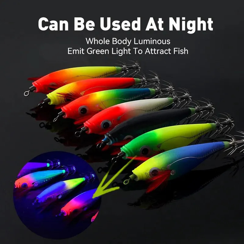 LEYDUN Luminous Horizontal Squid Fixture Wooden Shrimp Squid Hook 14 pieces/set Fishing Bait Octopus Fish Shrimp Saltwater Bait 250420
