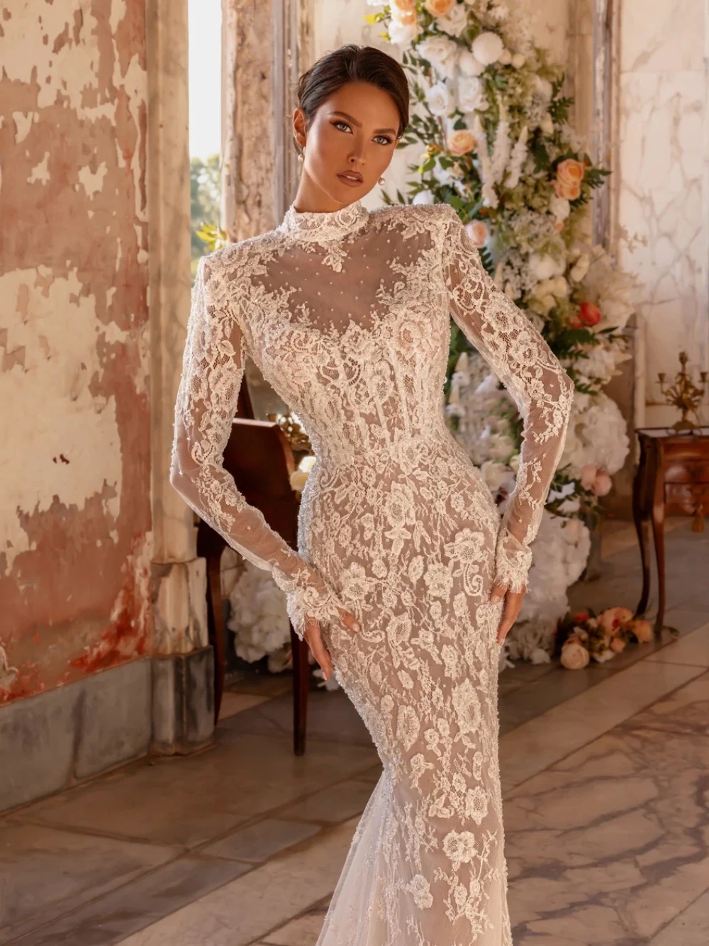 Graceful Wedding Dresses High Neck Appliques Bridal Gowns Illusion Long Sleeves Princess Sweep Train Mermaid Customized Vestidos De Novia Plus Size