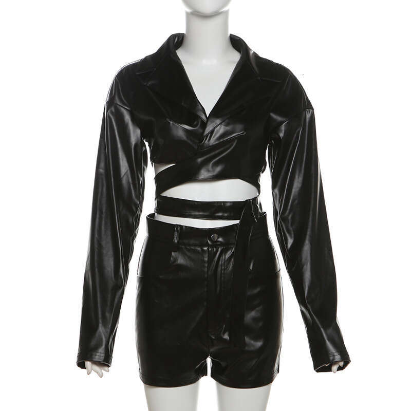 hoodie Women's Wear Autumn New Women's Fashion Lapel V-Neck PU Leather Tight And Sexy Shorts Set jacket