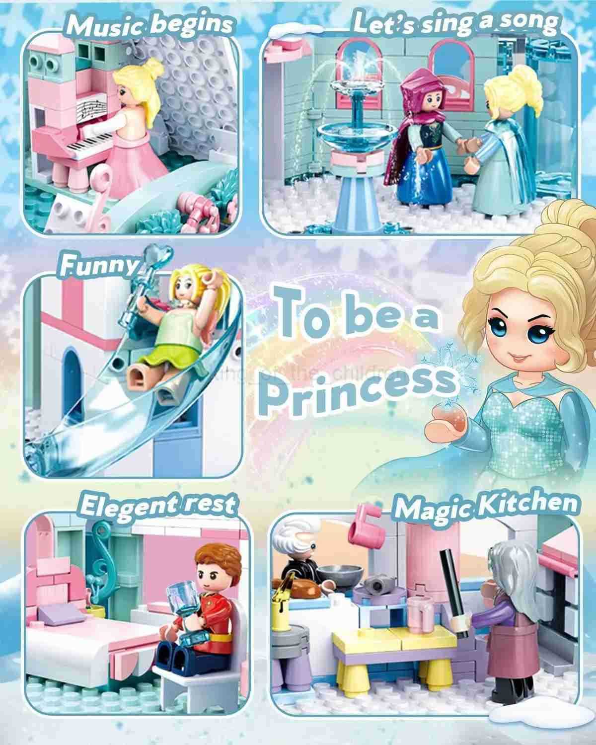 Disney 1314PCS Frozen Magic Castle Building Blocks Ice Queen Princess Carriage Model Bricks Set With Figures Girls Gift Childrens Toys W20250421
