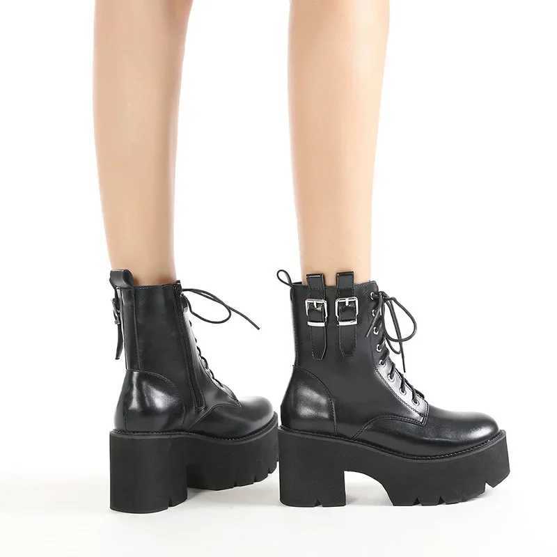 2025 Women Ankle Boots Platform Square High Heel Ladies Motorcycle Boots Patent PU Leather Side Zipper Women Lace Up Boot Black H251121