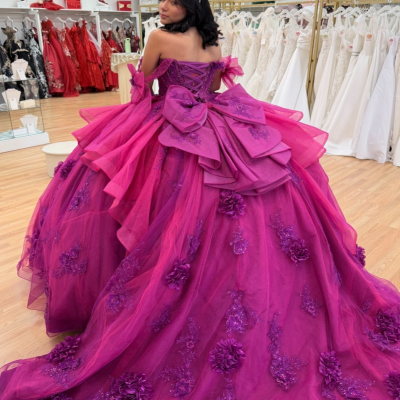 Rose Red Shiny Quinceanera Dresses Off The Shoulder Applique Flower Bow Beading Crystal Tull Corset Party Birthday Sweet 16 Dres Vestidos 15 Anos