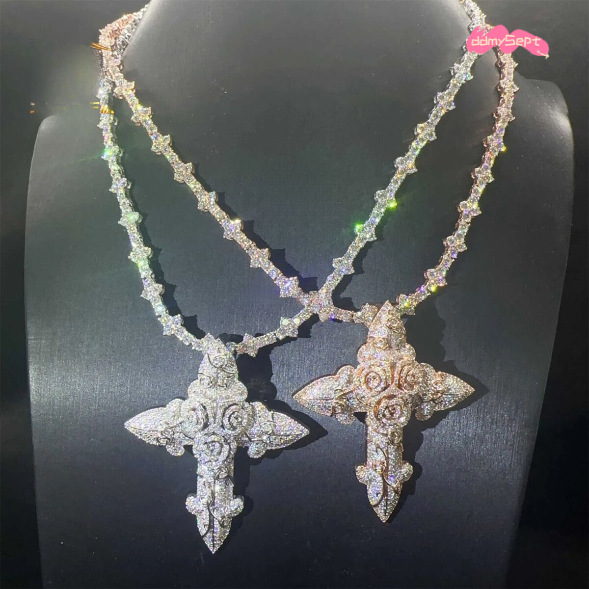 Fashion Man Jewelry Gold Color Hip Hop Dia Rose Flower Cross Pendant Necklace Set ddmysept
