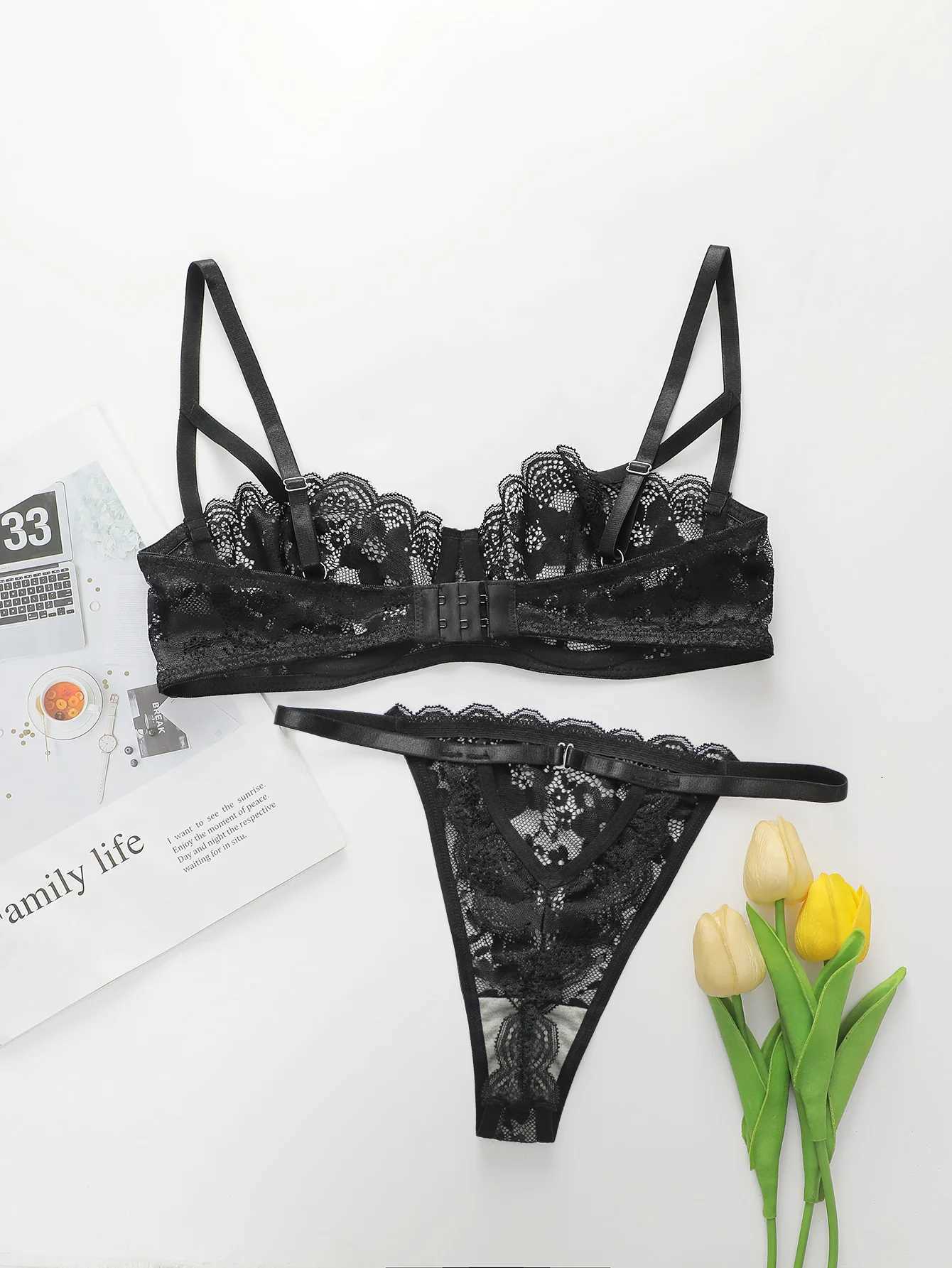 High Quality New Sexy Underwear For Womens Lace Transparent Hollow 3/4 Bra Gathering Steel Ring Push Up Underwear Set HR2634XJ251106