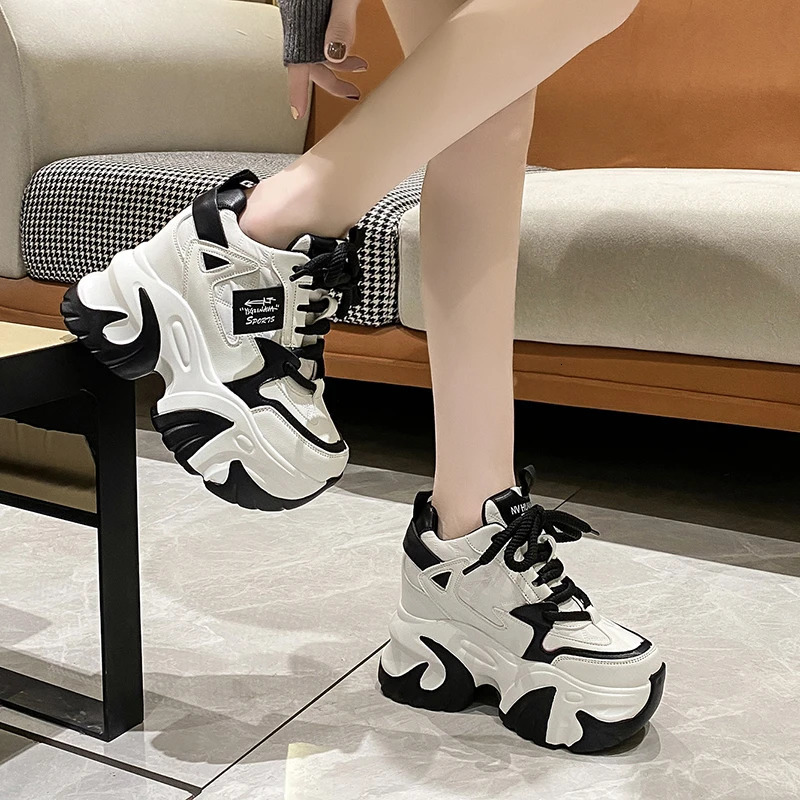 Women High Platform Casual Leather Shoes Autumn Laceup Chunky Sneakers 10CM Wedges Hidden Heels Leisure Woman 251121