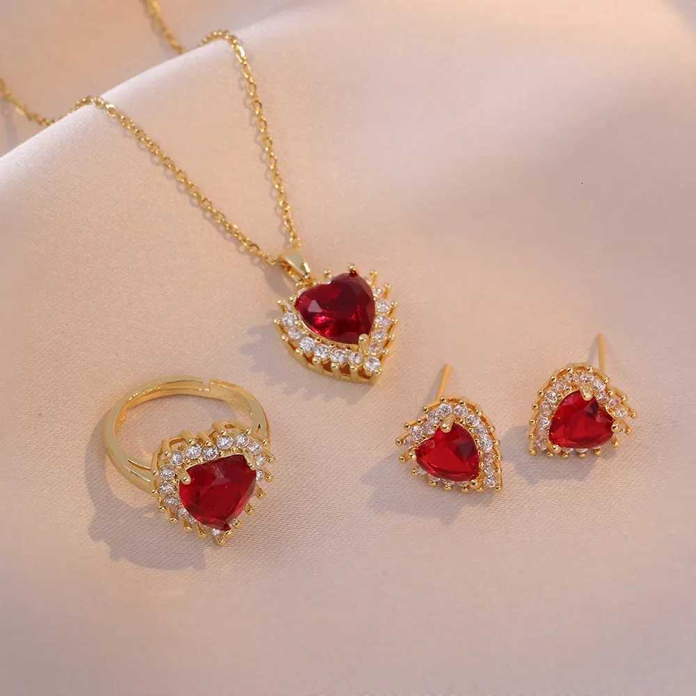 Sweet Romantic Love Studded with Zircon Ruby Earrings Ring Necklace Stainless Steel AccessoriesXJ251121