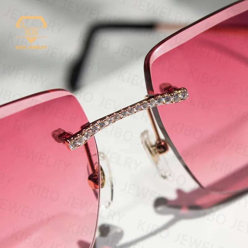 Hip Hop Jewelry Sunglasses Pink Lens Yellow Gold Plated Iced Out Men VVS Moissanite Glasses