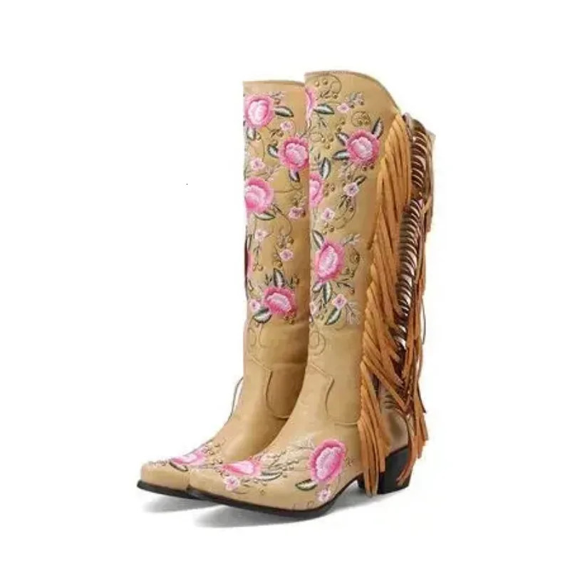 Cowboy Boots for Women Fringe Embroidery Flower Sweet Western Cowgirls Roman Block High Heeled Shoes Autumn 251121