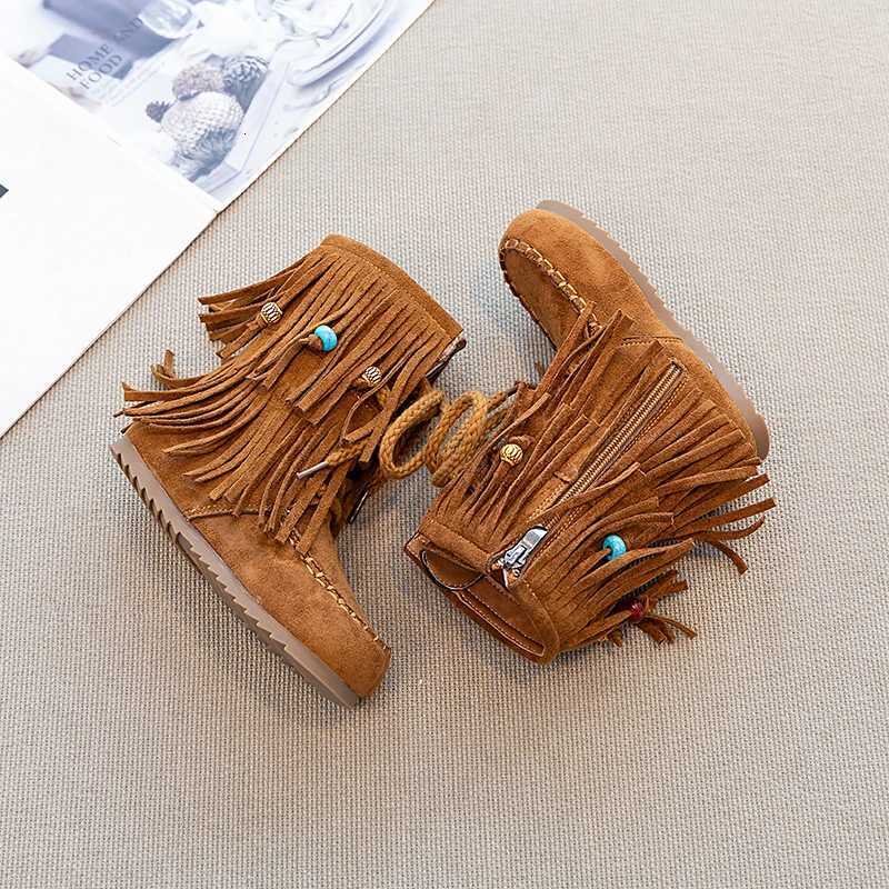 Girls Suede Leather Boots with Cute Beaded Fringes 2025 New Winter Kdis Ankler Boots Non-slip Simple Retro School Party BootsW251121