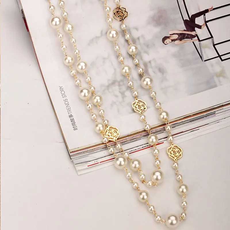Famous Camellia Pearl Long Necklace For Women Double Layer collane lunghe donna Rose Flower Sweater chain NecklaceXJ251121