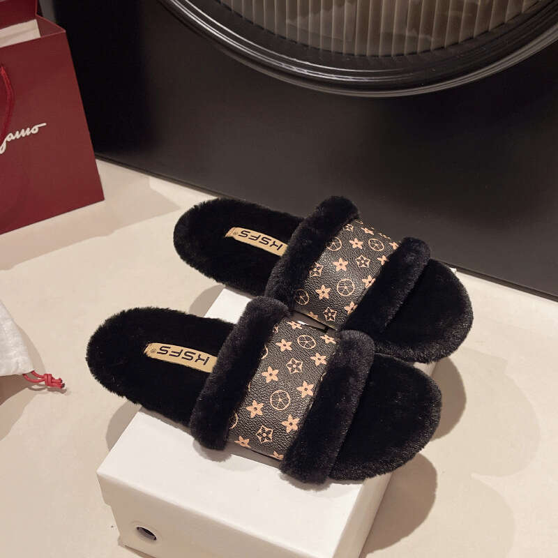 Fashion Designer Slippers for Women Ladies Anti slip Slides Winter Fleece Lined Indoor Home Use One-Strap Warm Cotton Slippers