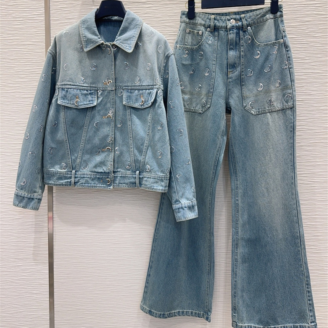 25 New Women Spring Fashion letter Denim set designer Button Up Long Sleeve tops Jean Jacket and pants Luxury Letter coats Denim set