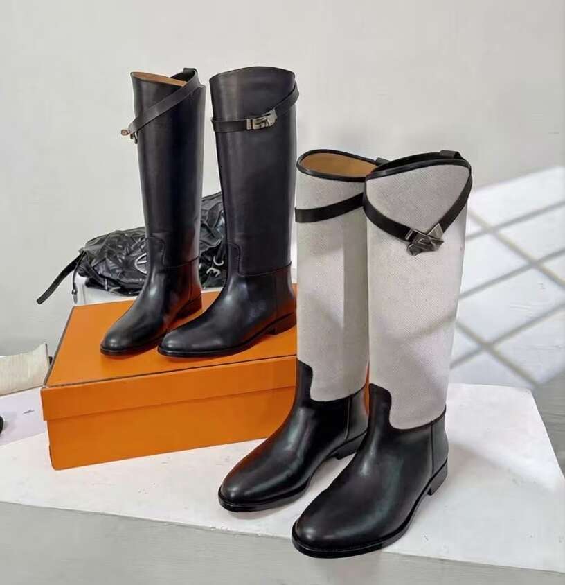 Mirror quality Designe Luxury womens boots utumn Winter buckle Classic Knight tall knee Calfskin Slip-on Decoration Round Toes Knee-high Riding Boots Womens Shoes