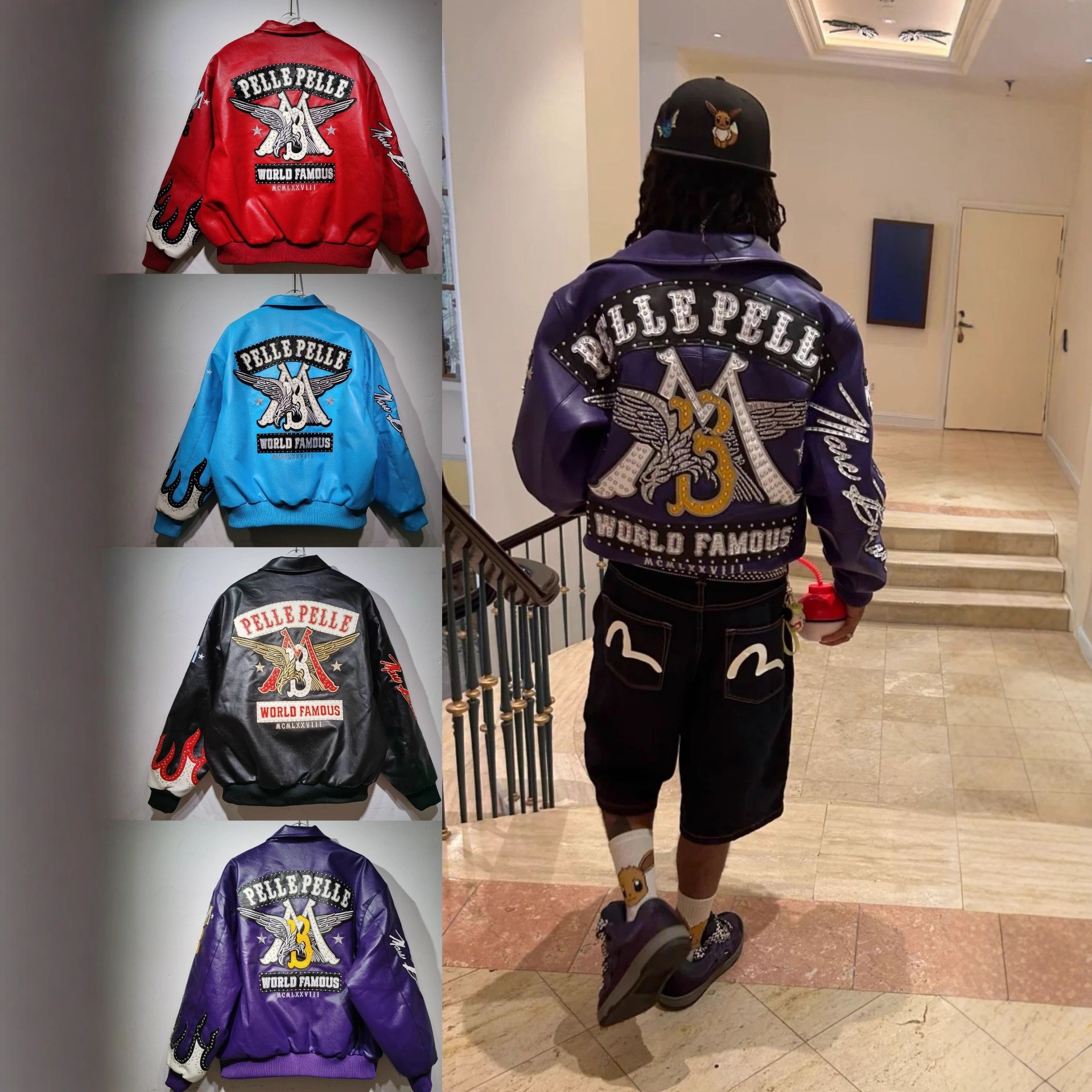 Mens Motorcycle Leather Jackets PellexOopium Rhinestones Heavy-Duty Embroidery Hall of Fame Collaboration Series Jacket