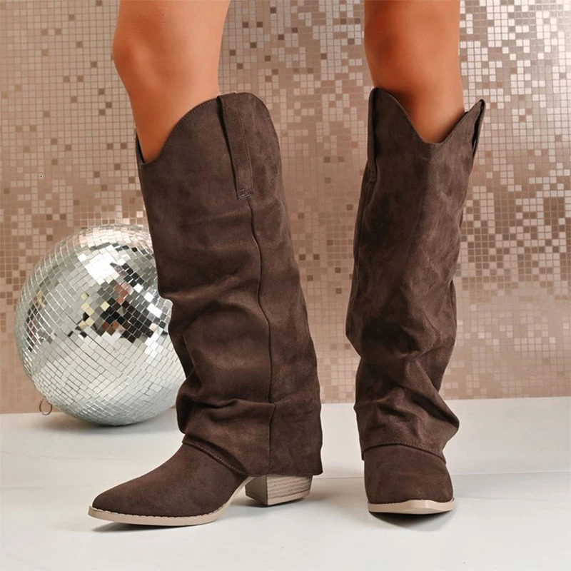 Thick Heel Suede Knee High Boots Women Elegant Pleated Pointed Toe Brown Long Woman Slip On Botas Ladies 251121