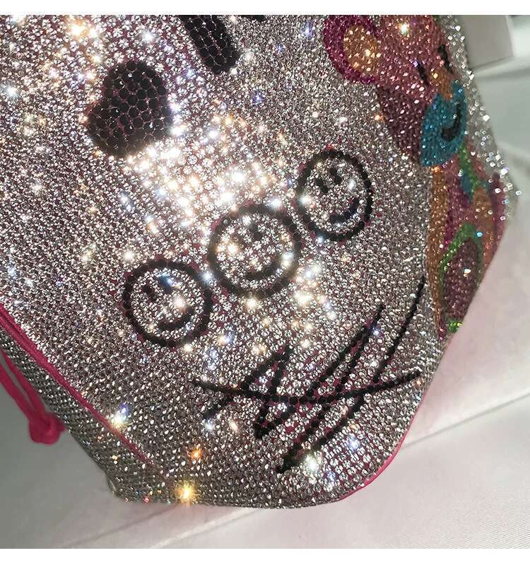 Graffiti Printing Cartoon Bear Bucket Women's Handbag Crystal Shiny Rhie Dia Evening Clutch Bag Party Bg Purse