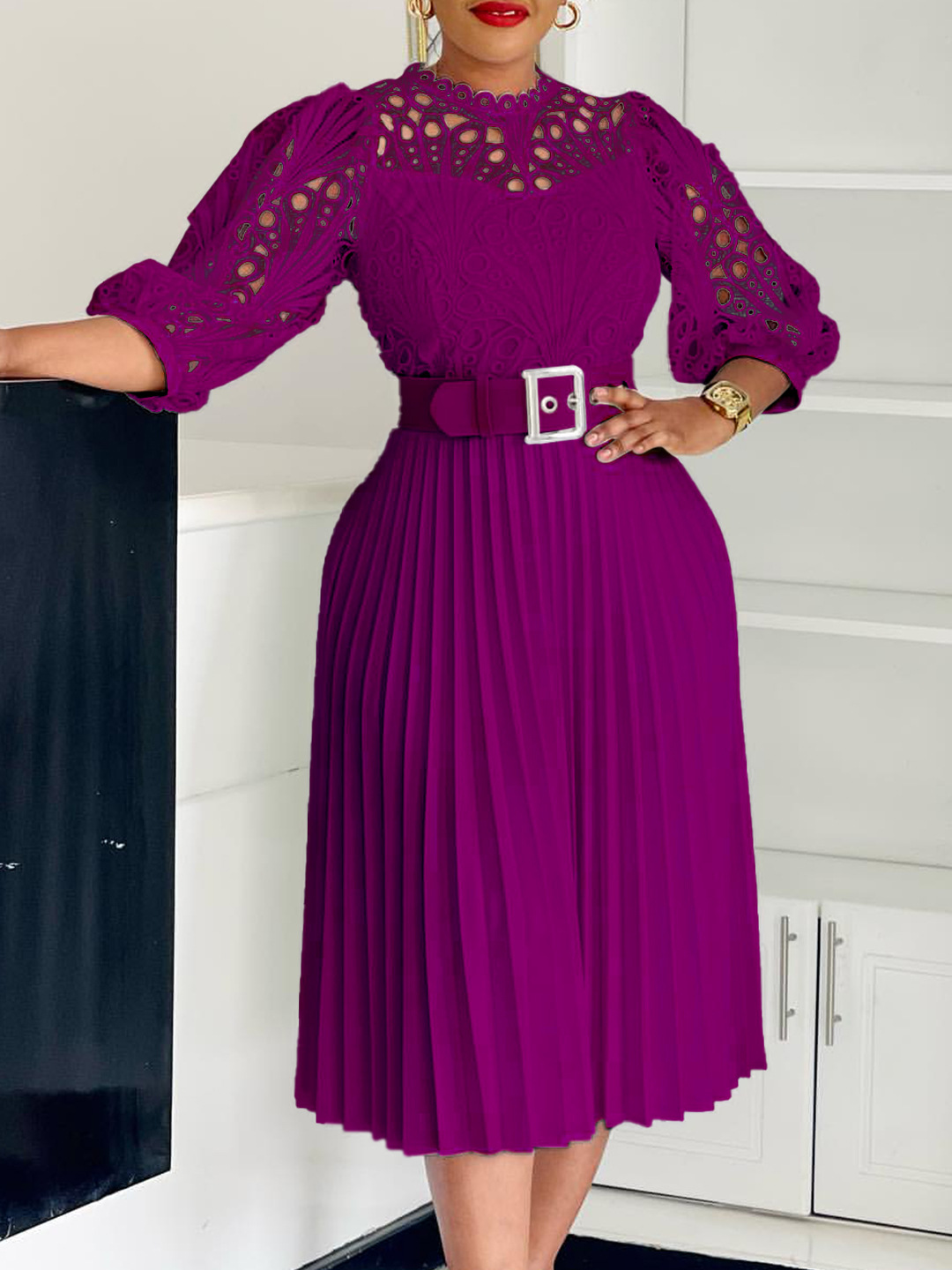 X423342 New European and American style women's clothing, 2024 new style, elegant solid color, lace crochet hollow design, plus size.