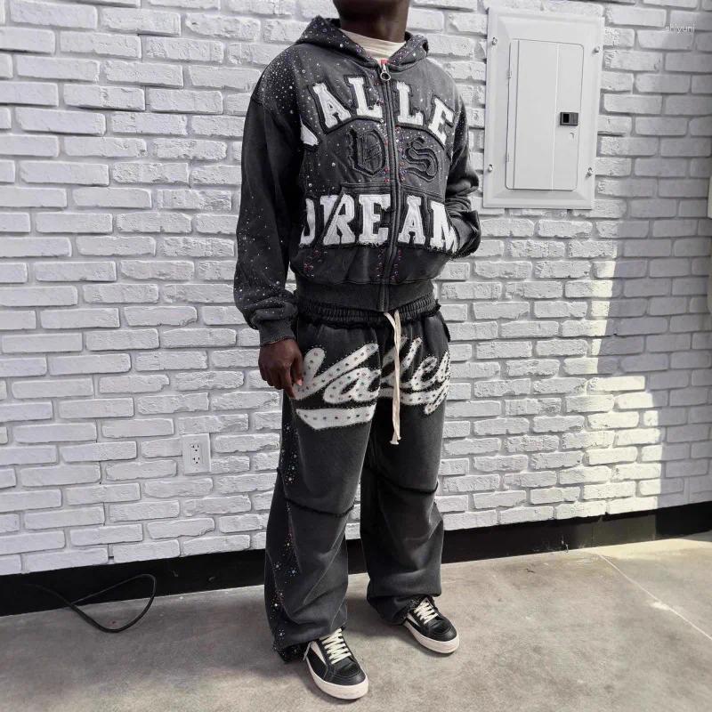 Women's Pants Vintage Washed Valley Dreams Tracksuit - Embroidered Zip-Up Hoodie & Studded Shorts Set Y2K Streetwear Two-Piece Distressed Bl Z260