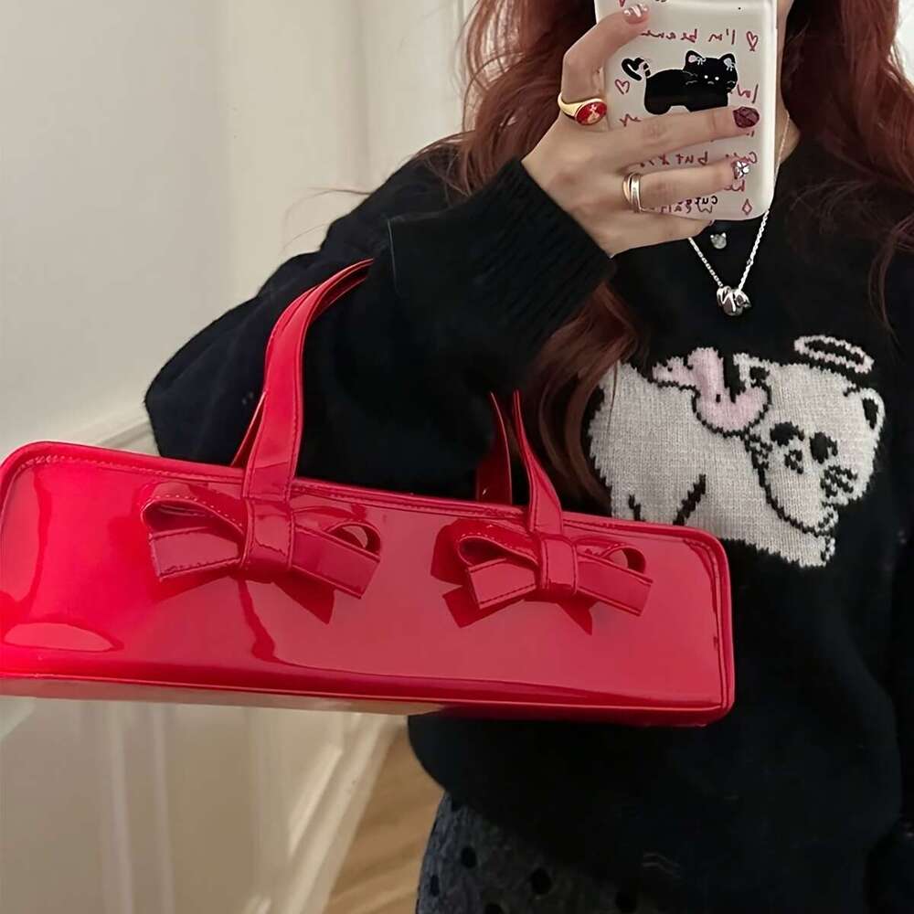 New Sweet Edgy Glossy Bow Adorned Handbag Women Large Capacity Tote With Zipper Closure Fixed Shoulder Strap Red Black Versatile For Casual Formal