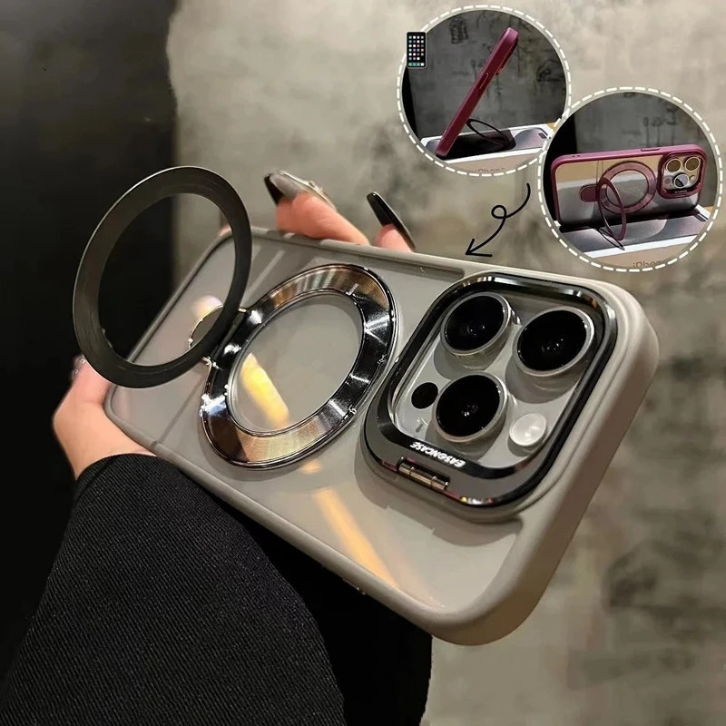 Luxury Magnetic Transparent Kickstand Stand Phone Case For iPhone 17 air 16 15 14 Plus 13 12 11 Pro Max Ring Holder Stand Cases Magsafe Shockproof Bum
