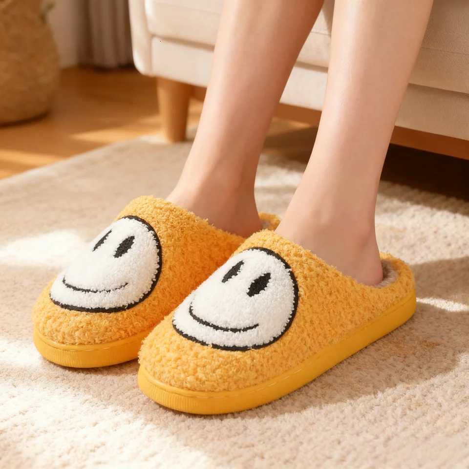 Kids Slippers Smiling Face Fluffy Winter Shoes For Children Anti-slip Thick Bottom Home Slipper Keep Warm Pink Blue Size 36-41W251121