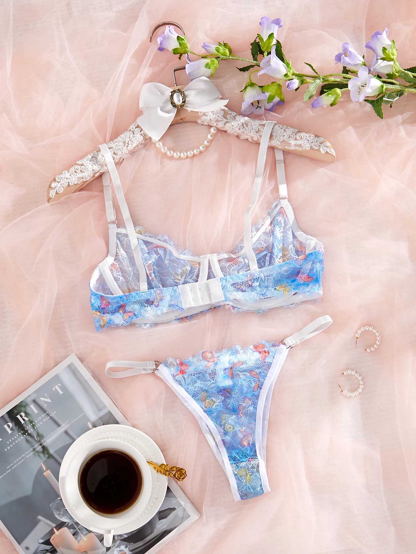 Womens Transparent Blue Butterfly Lace Sexy Lingerie Set Gathered Push Up Bra Daily Comfortable Close Fitting Lingerie setXJ251106