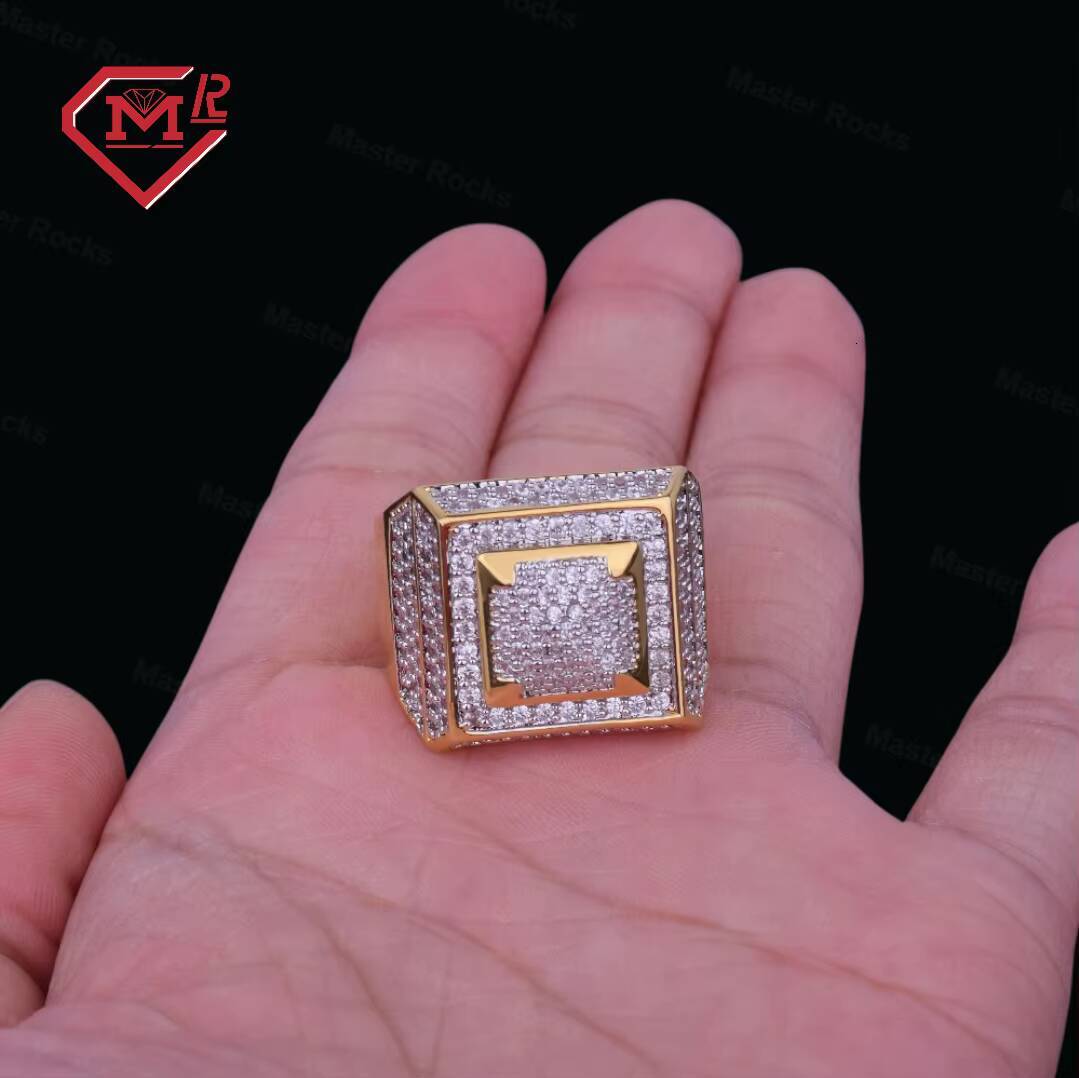 Mens Fashion Gold-Plated 925 Sterling Silver Moissanite Ring Bling Empire Square Hip Hop Style from the Moissanite Empire