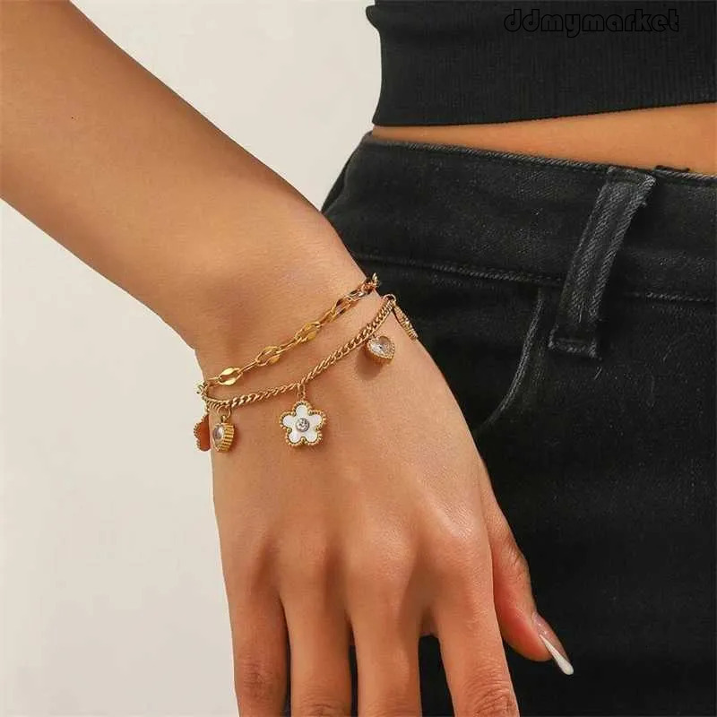 ddmymarket 316L flash sale Stainless Steel Charm - Zircon Seashell Heart & Flower Chain Bracelet for Women